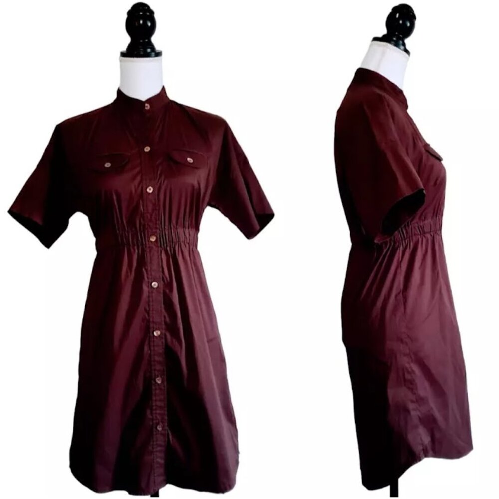 TRINA TURK Shirt Dress, Brown Cotton Short Sleeve Buttons Gathered Waist, 2